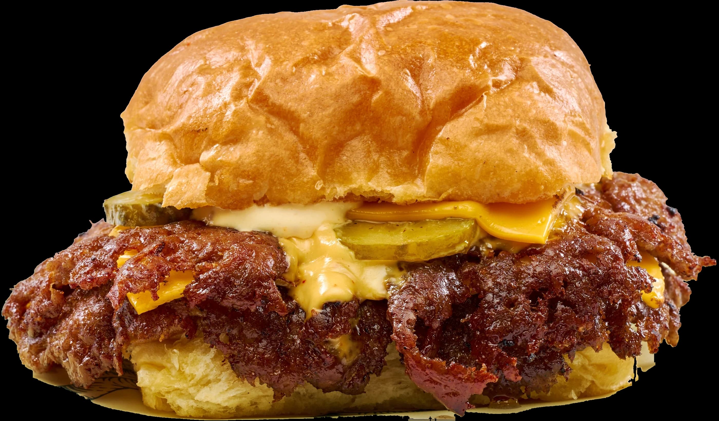 Double smash burger with cheddar, pickles, and Scratch sauce