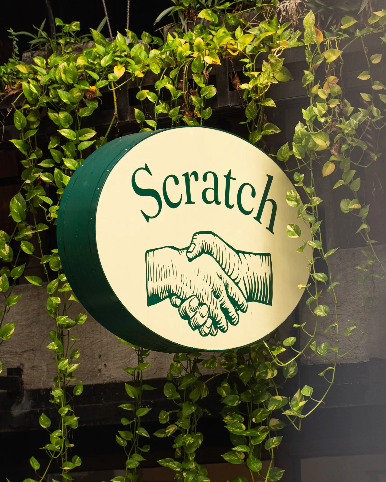 Round illuminated Scratch sign among the vines